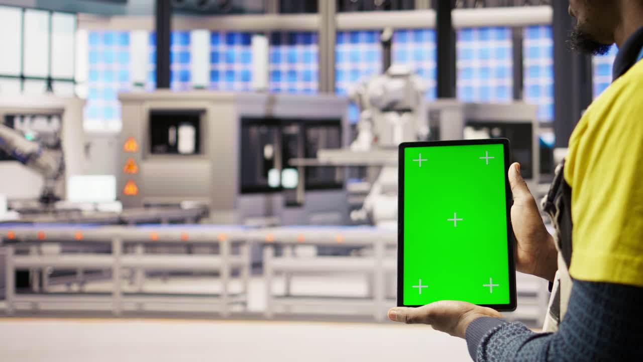 Vertical video Smart factory expert uses green screen tablet to implement automated workflows