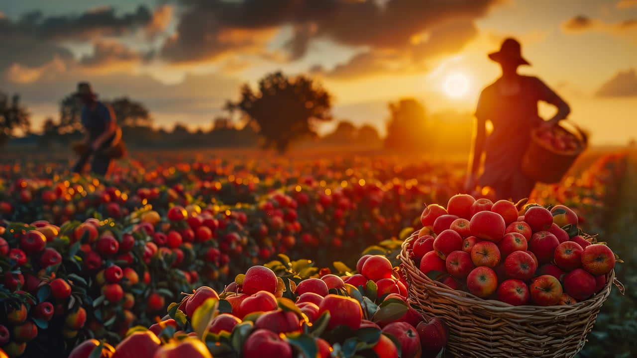 Sunset apple harvesting. Farmers gather ripe apples in baskets as the sun sets over the orchard, creating a peaceful scene