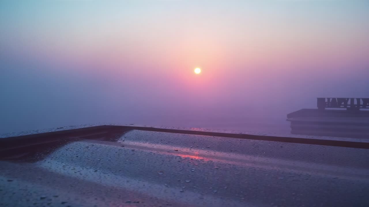 Sun emerging above fog layer on rooftop water pool, climbing to herald dawn with pink droplets