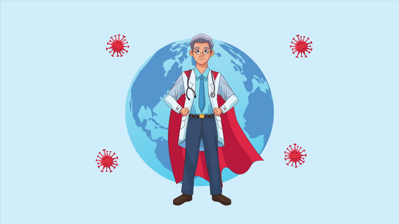 영웅적인 슈퍼 닥터 캐릭터와 지구 행성 애니메이션