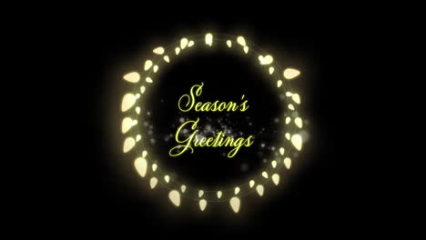 animation of season's greetings text with christmas lights and fireworks exploding in night sky