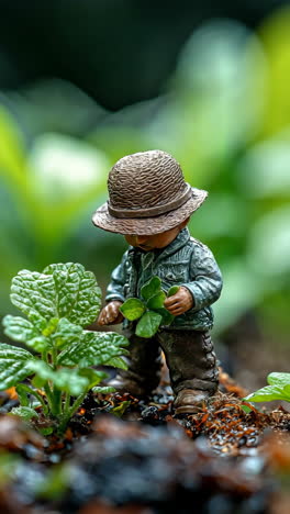 small figure tending to young plants in lush garden environment