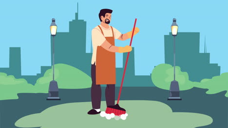 hombre barriendo un parque