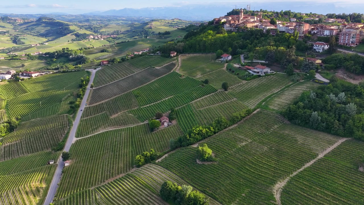 Un filmato con drone cattura vasti vigneti verdi e un villaggio in cima a una collina in piena luce diurna in Piemonte.
