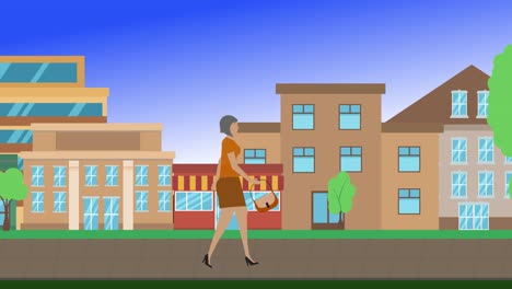 women walking cycle loop around of city background, flat cartoon design animation