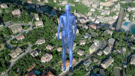 digital composition of human model walking against aerial view of cityscape