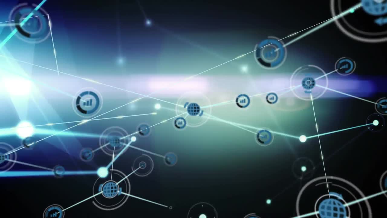 animación de la red de conexiones e íconos digitales contra puntos de luz sobre un fondo negro.