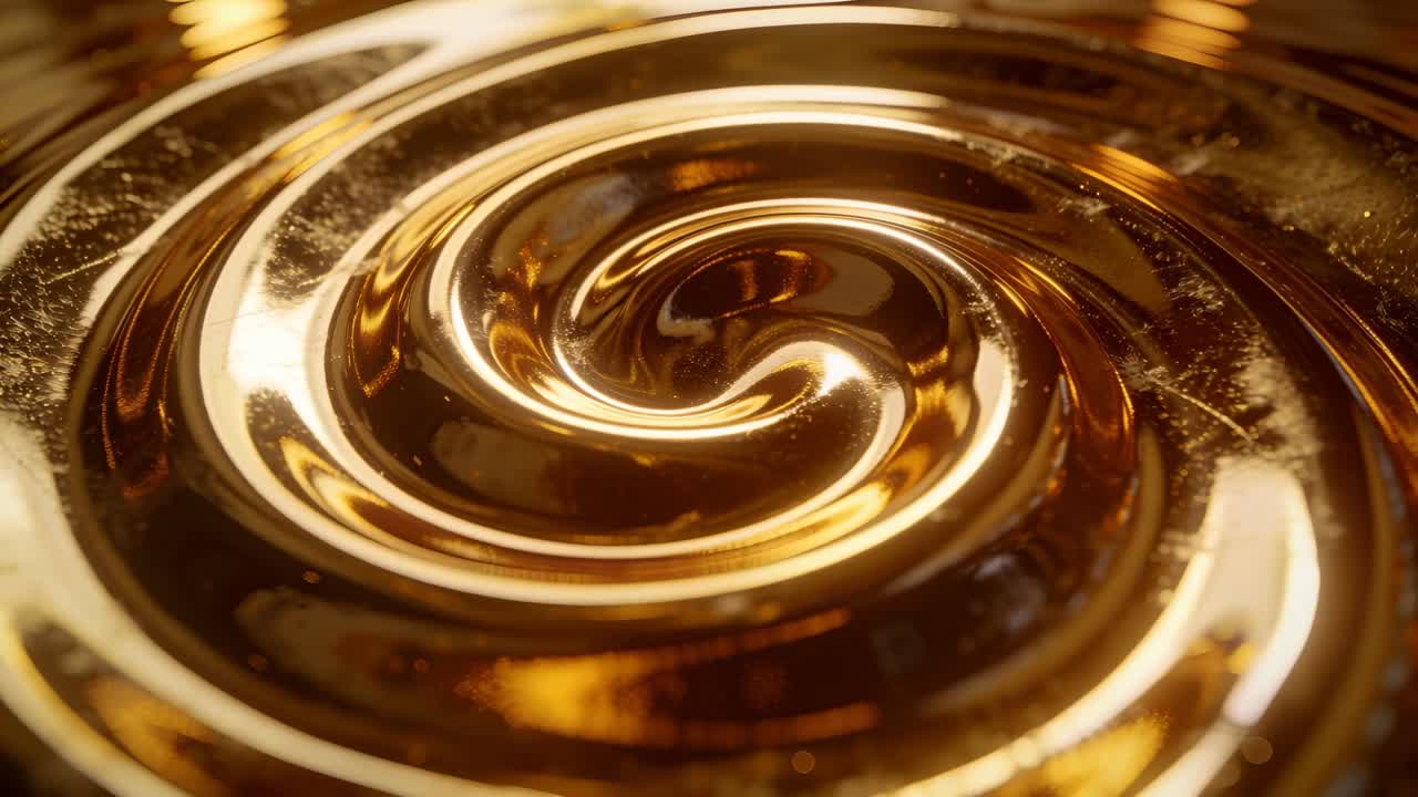 Inizio sequenza: vortice ambrato lucido che ruota in una ciotola poco profonda, attirando il fluido verso l'interno con un bagliore caldo.
