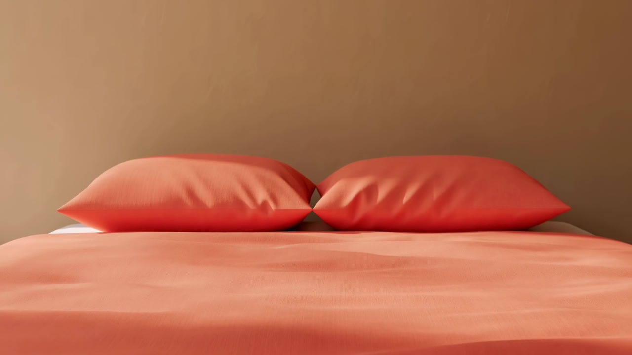 Coral Pillows On Bed Against Warm Neutral Wall Soft Coral Linen Sheet, Two Plump Pillows Centered