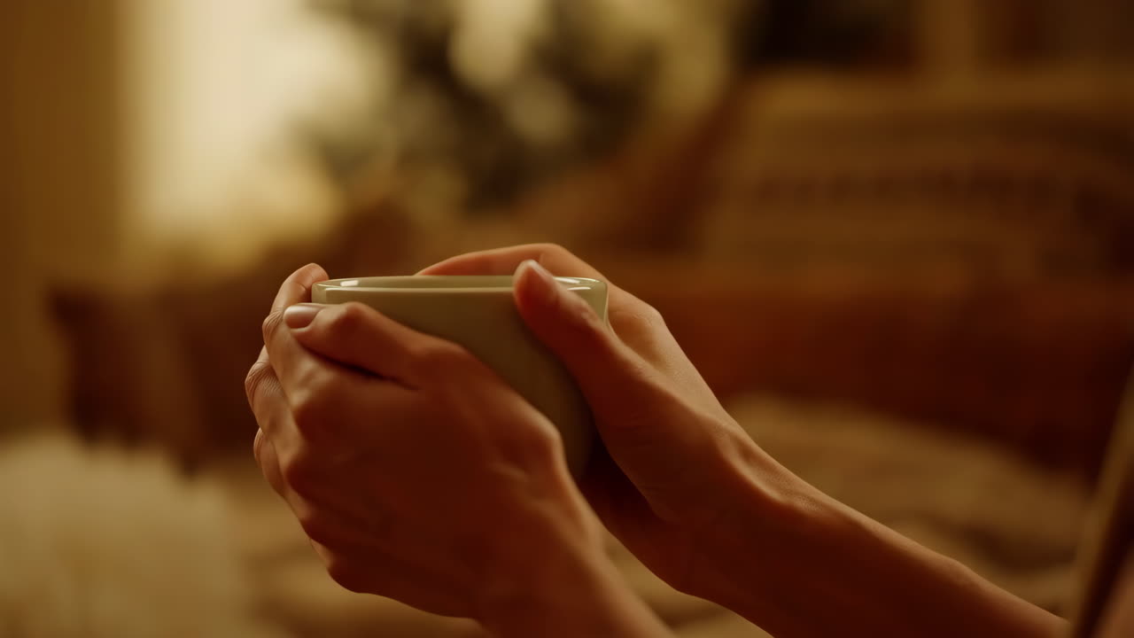Primo piano di mani che tengono una tazza fumante.