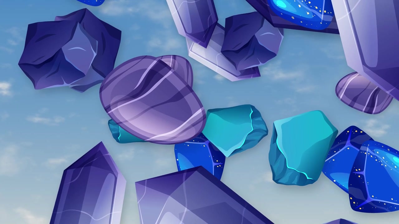 Animation 2D stylisée de diverses pierres précieuses violettes et bleues tombant sur un fond de ciel lumineux.