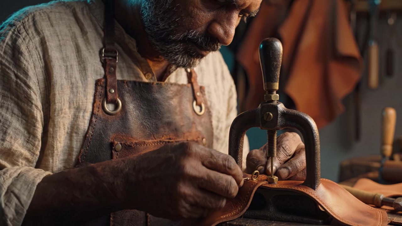 Artisan Craftsman Meticulously Working with Leather, Using Traditional Tools to Create Exquisite Handcrafted Items in a Rustic Workshop Environment