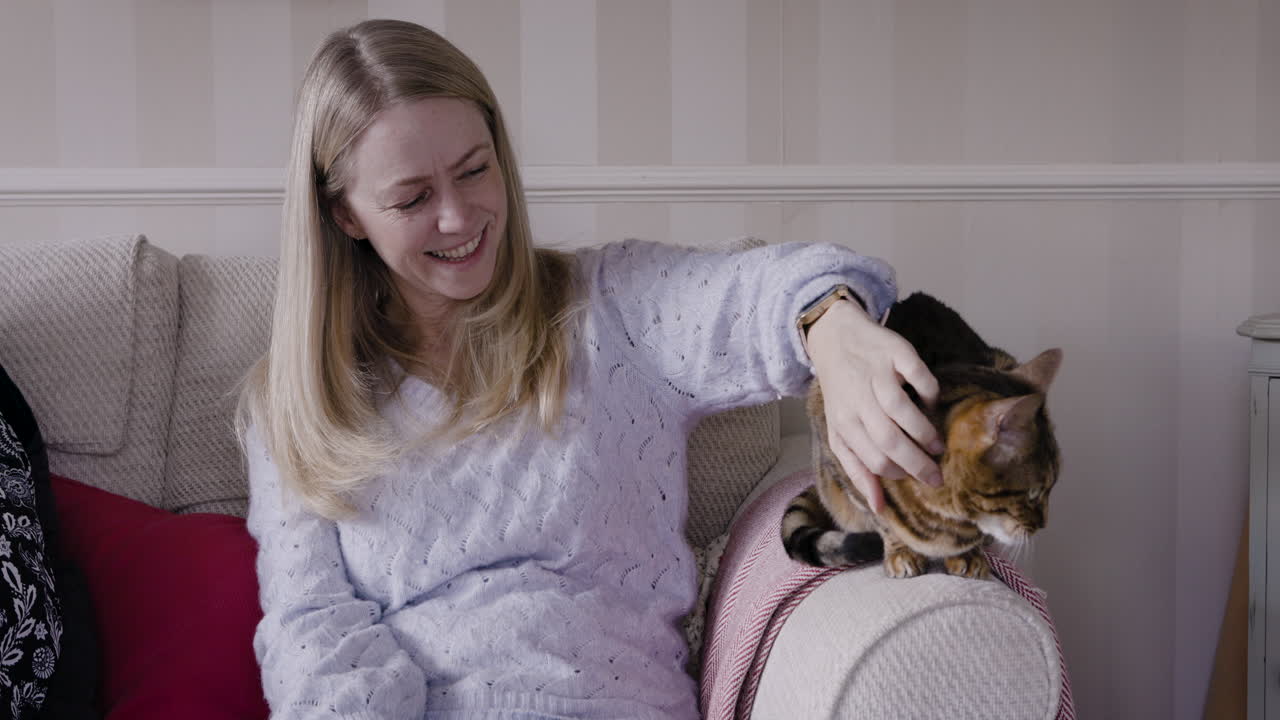 Woman petting a cat on an armchair