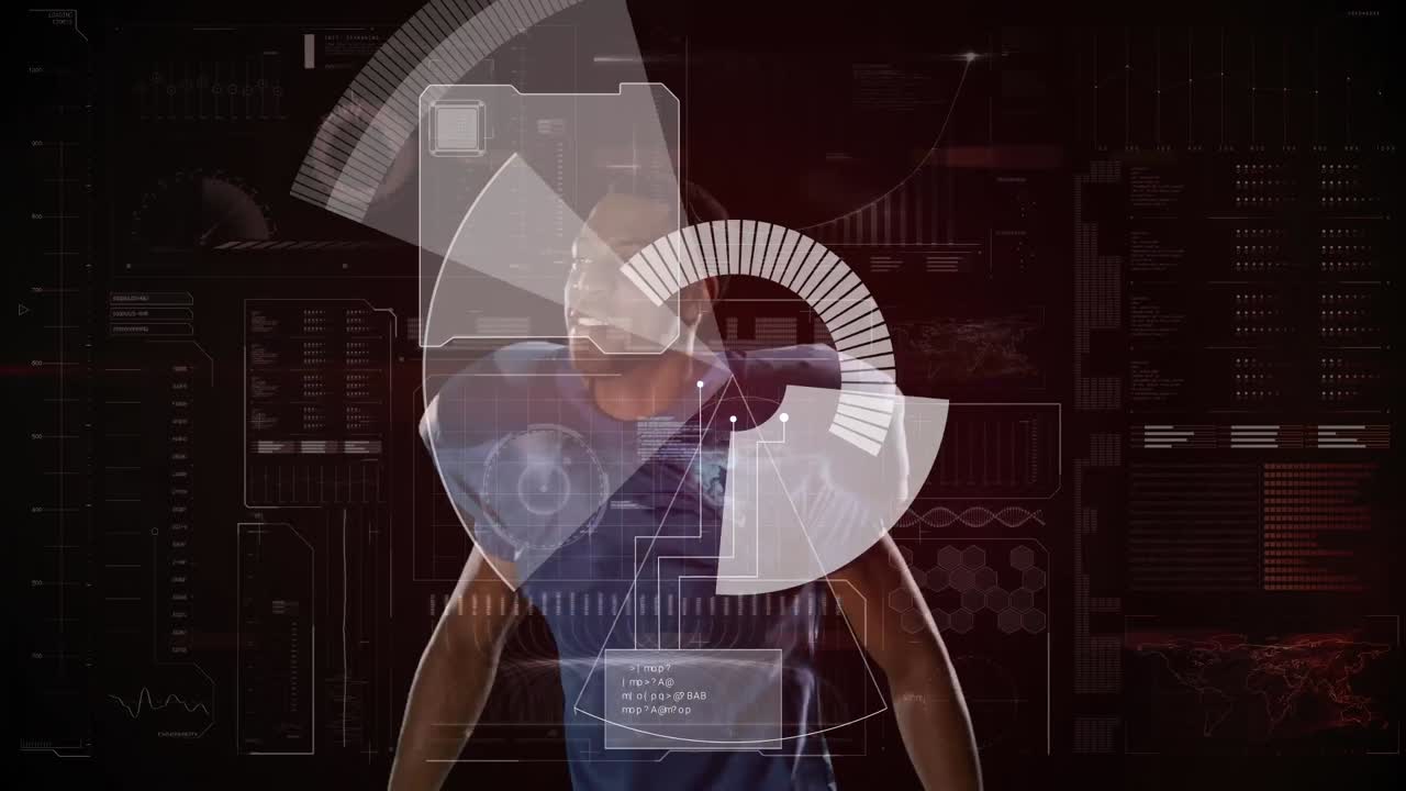 animación del procesamiento de datos sobre un jugador de rugby afroamericano que se quita el casco