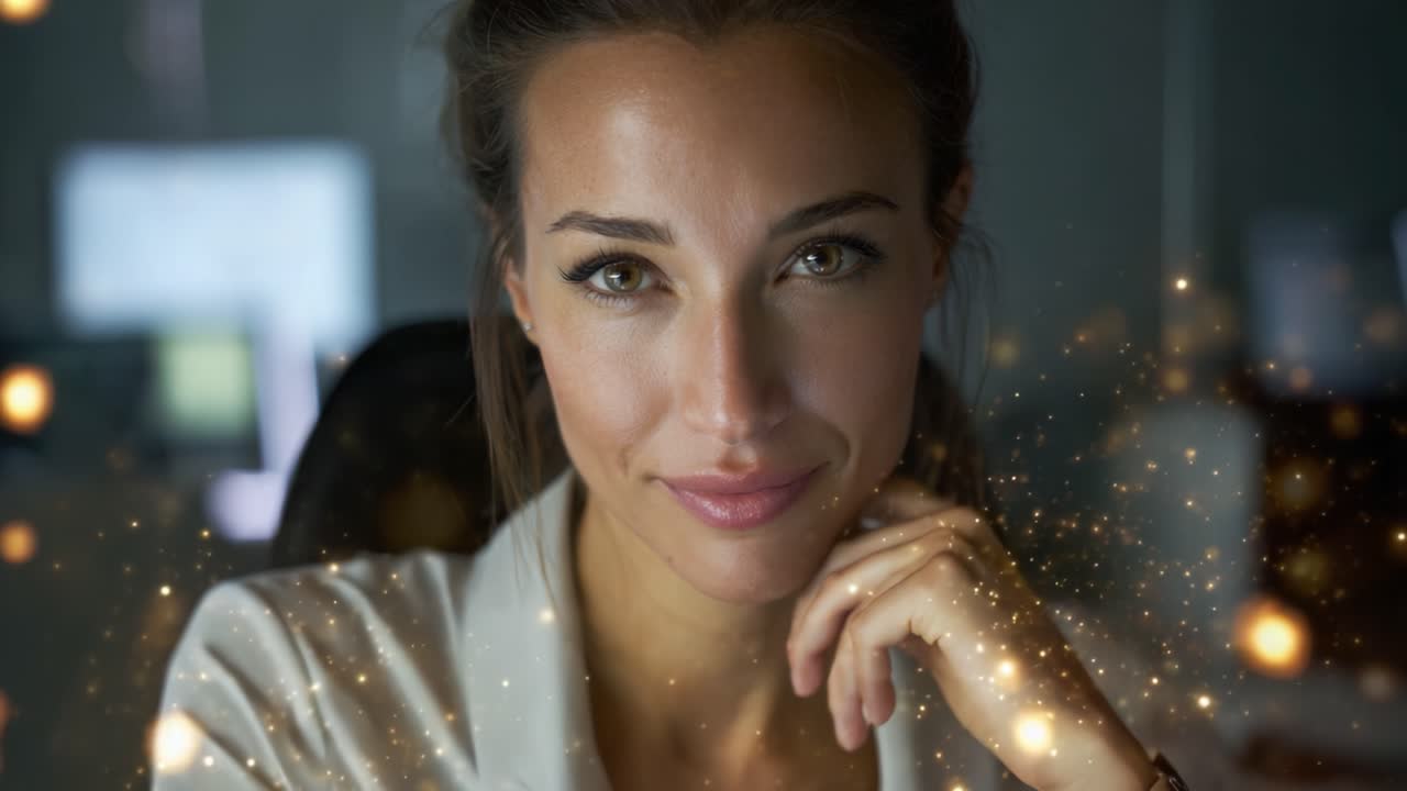 Ritratto accattivante di una donna che emana sicurezza e fascino su uno sfondo da sogno e scintillante, creando un'atmosfera incantevole di serenità e compostezza