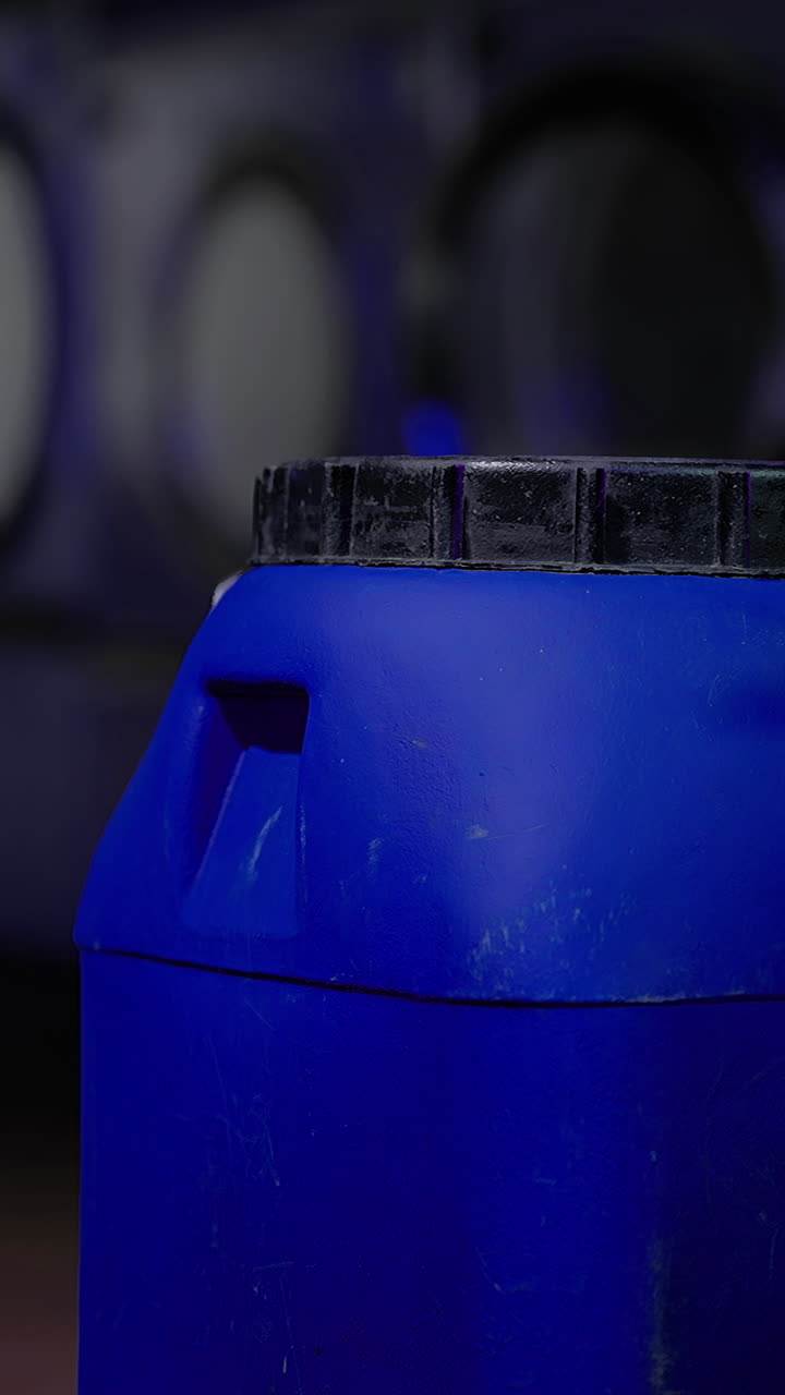 Large blue container positioned inside a modern laundromat during evening hours
