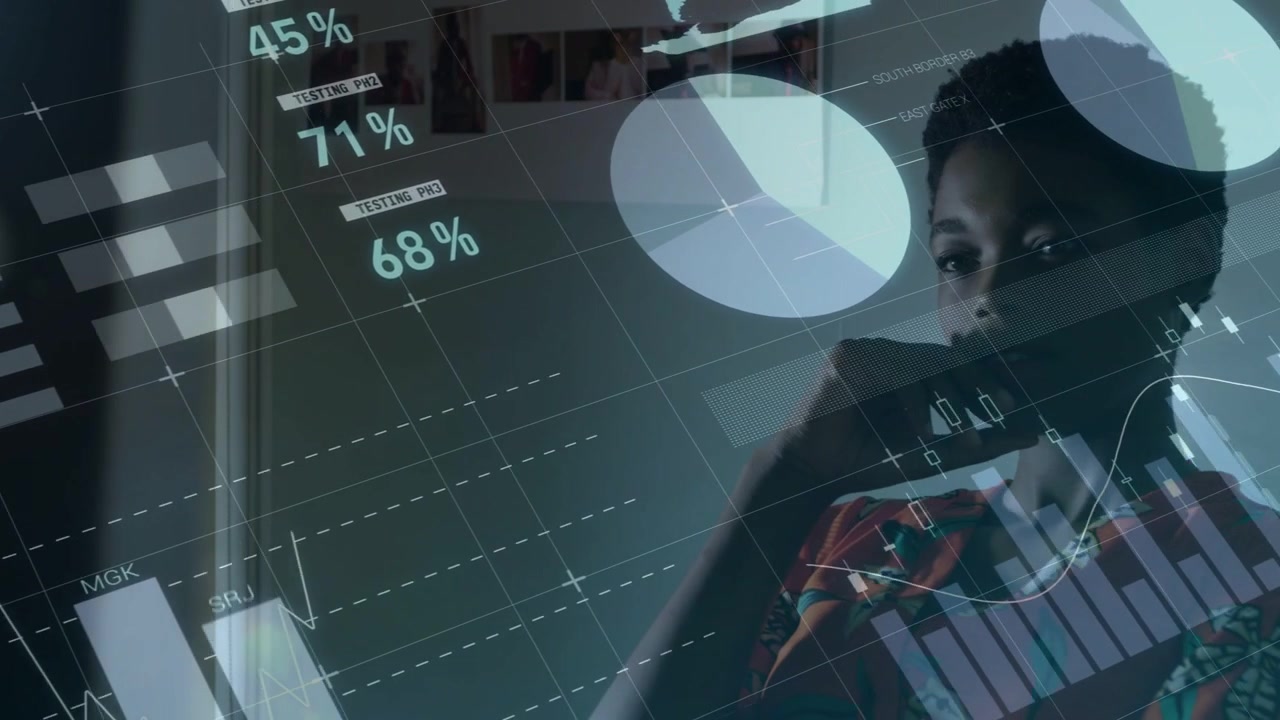 Female analyst behind transparent display, scanning while live data updating, analyzing for action