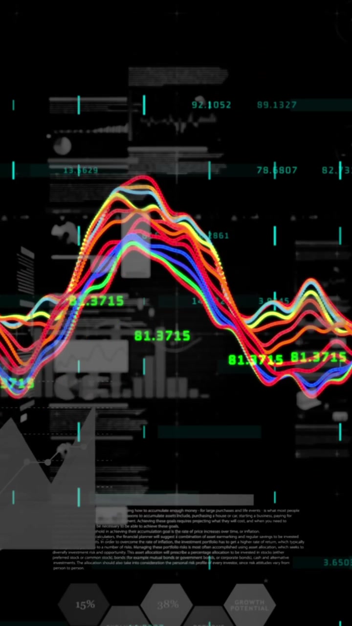 Animación de estadísticas y procesamiento de datos sobre fondo negro