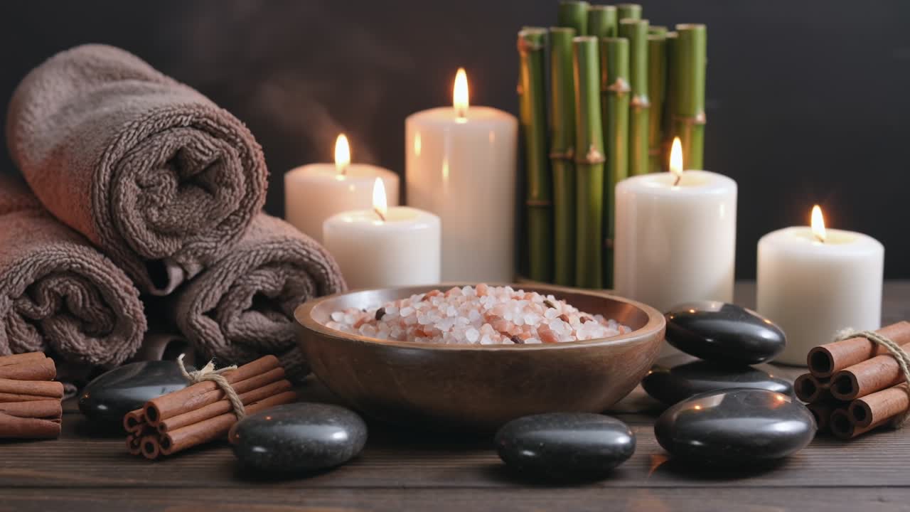 Relaxing spa still life with rolled towels candles cinnamon sticks and bamboo in a dark mood
