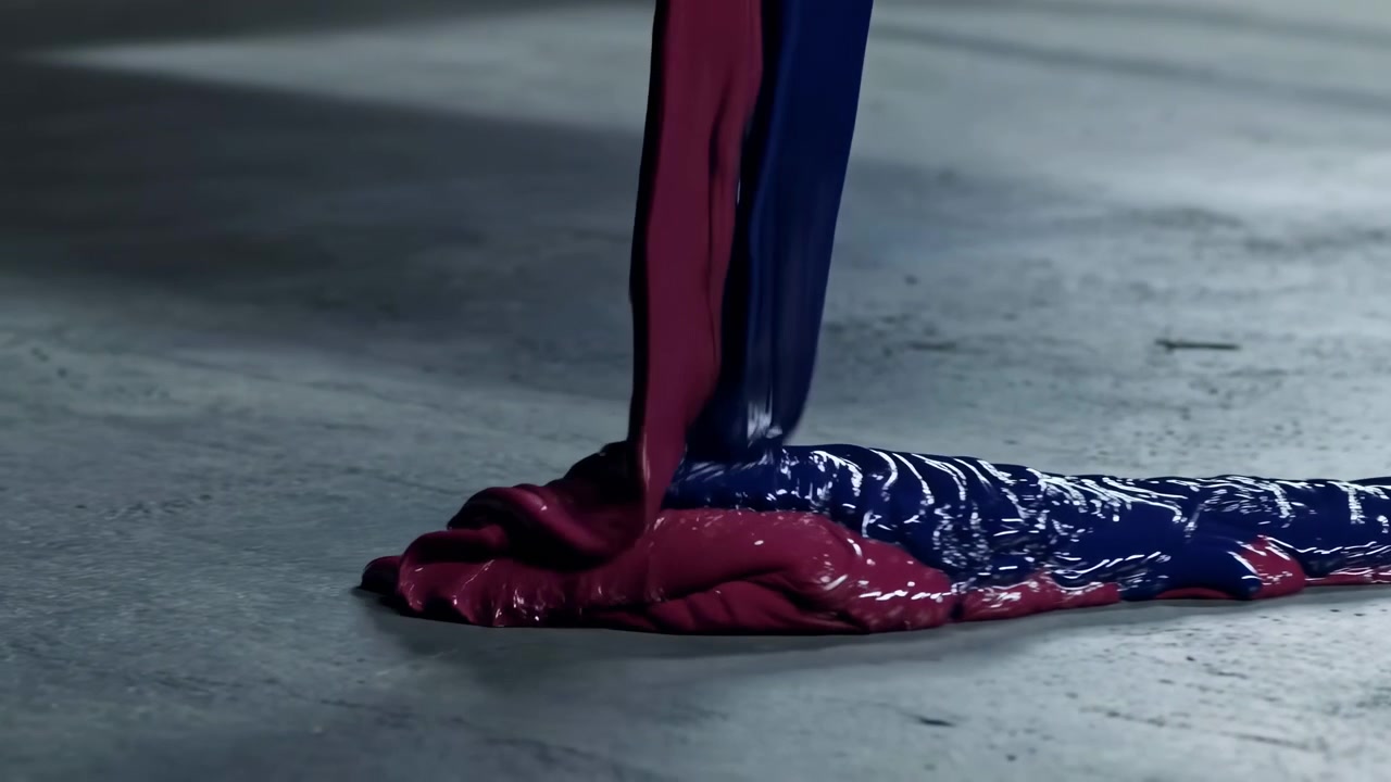 Glossy navy and burgundy paint pours onto rough concrete floor from low angle view, spreading into overlapping puddles with strong reflections, wet texture, subtle mixing, and bold industrial color