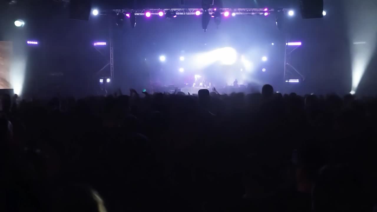 Una grande folla di persone a un concerto con una band sul palco sotto luci intense