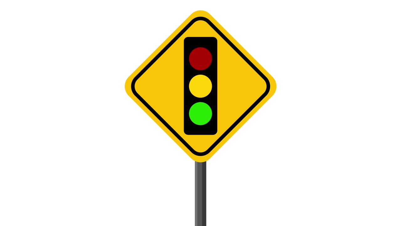 Flat traffic signal warning sign animation cycles through red, yellow, green lights on white background
