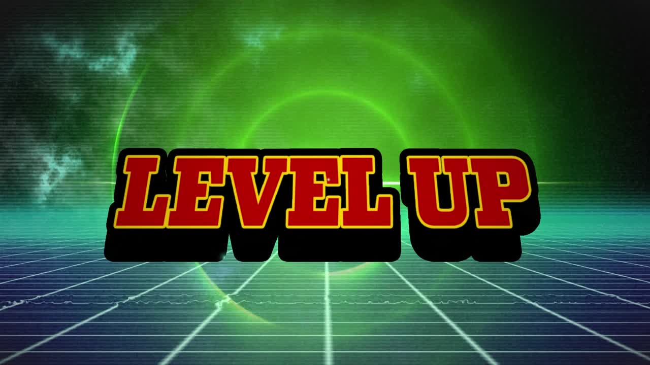 Animation of level up text over metaverse grid