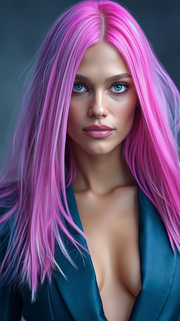 Ritratto ravvicinato di una donna attraente con vivaci capelli rosa che indossa un blazer formale blu.