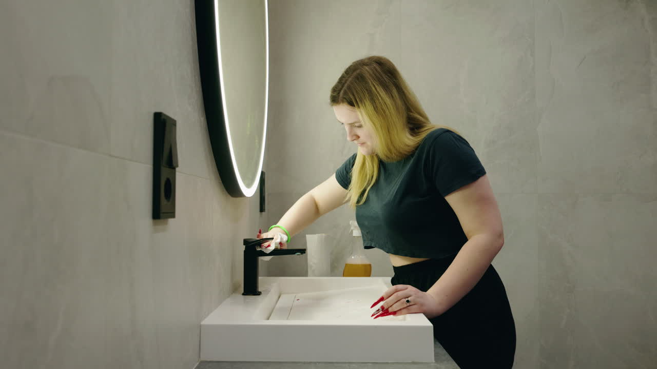 Woman Cleaning a Modern Bathroom Sink