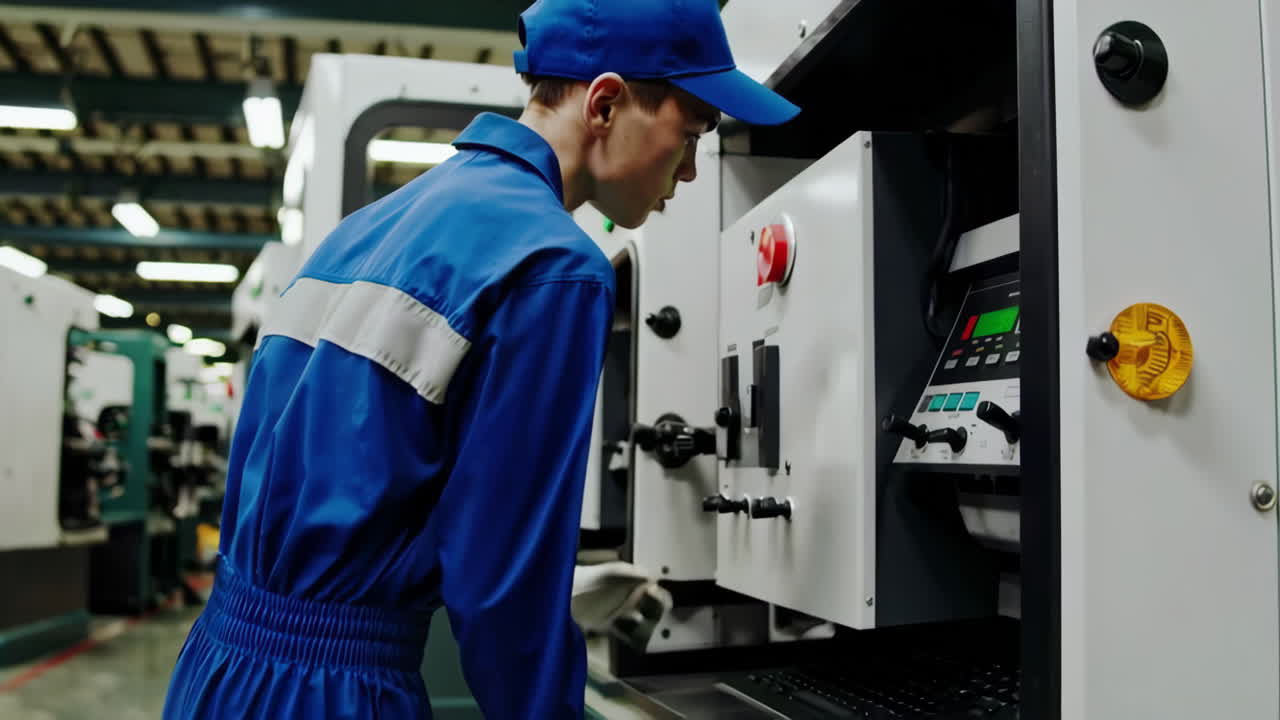 Factory worker performing maintenance on industrial machinery