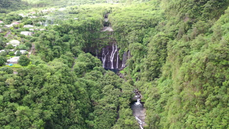 high aerial view of the grand galet falls at the cascade langevin on the island of réunion