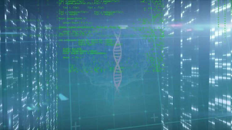 Animation of digital screen with scientific data, dna, brain and lights