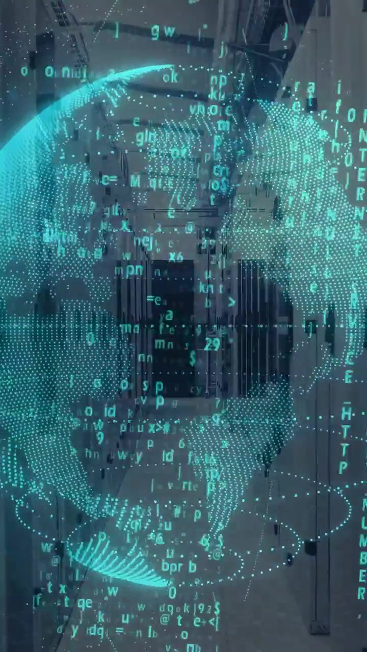 Vertical video: On boot teal globe floating in rack aisle, rotating as code rising, showing traffic