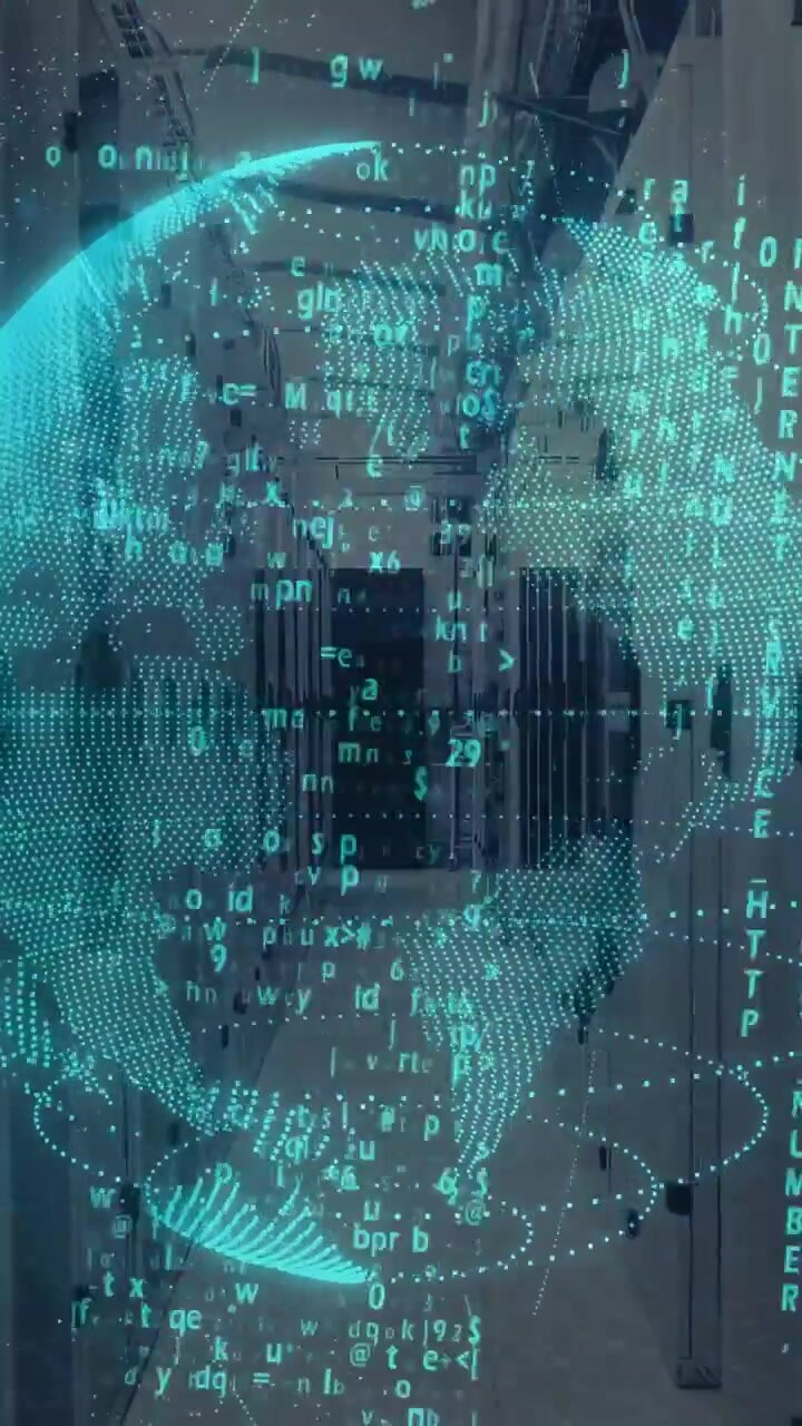 Vertical video: On boot teal globe floating in rack aisle, rotating as code rising, showing traffic
