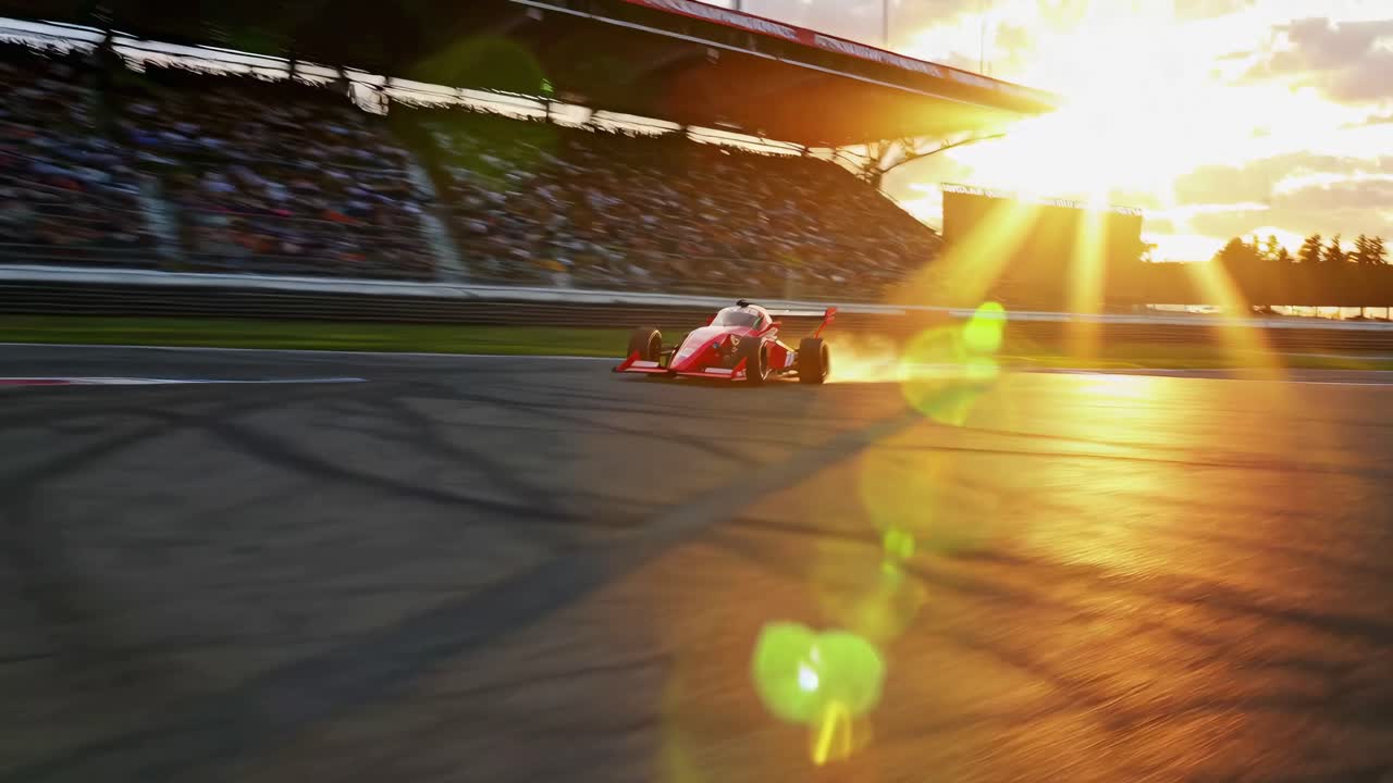 Dynamic low-angle shot of a race car speeding on a track at sunset, capturing motion and excitement