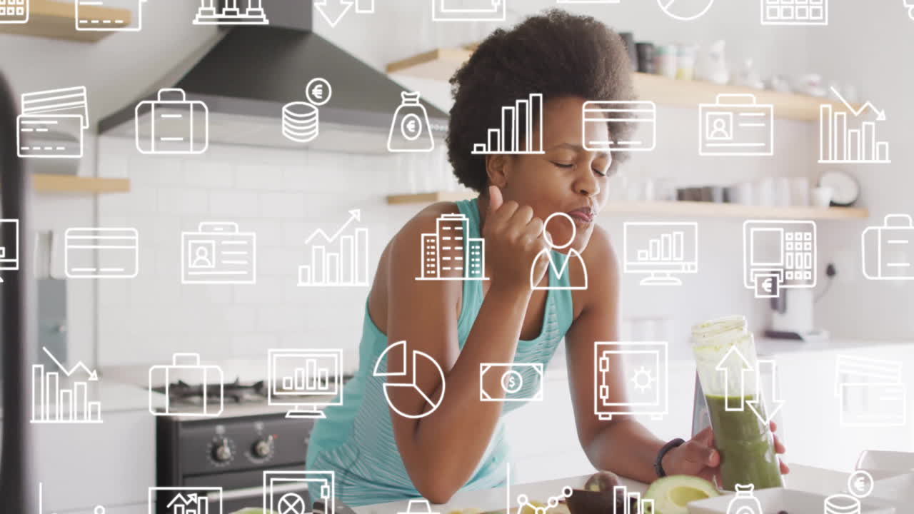 Analyzing financial data animation over woman drinking smoothie in kitchen
