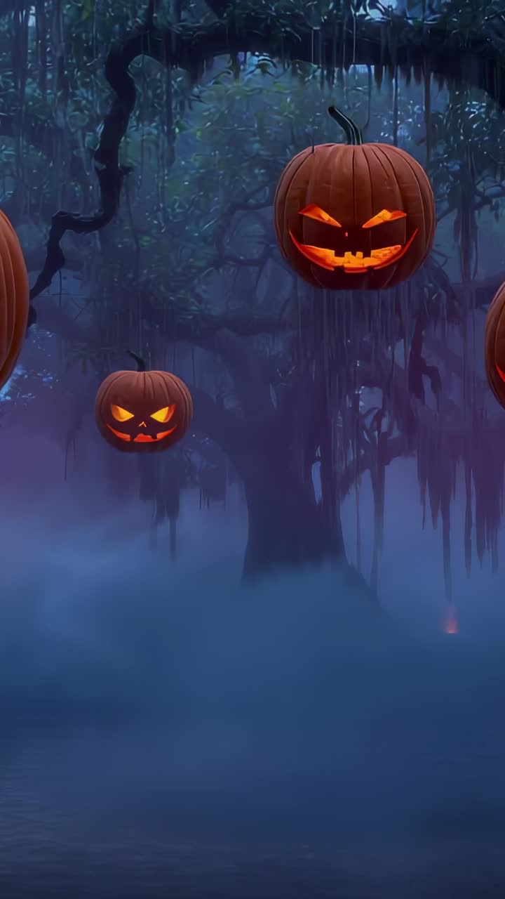 Vertical video: Camera panning drifting jack-o-lantern pumpkins in foggy swamp, lighting cypress