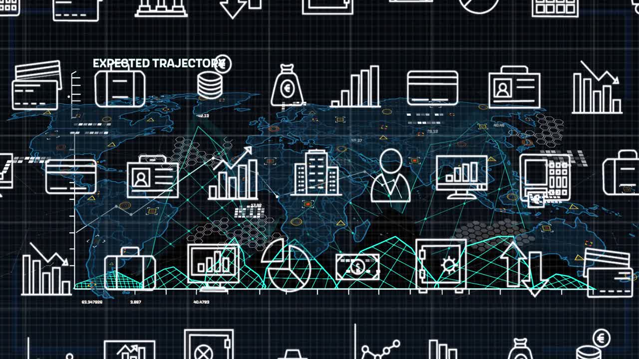 Animation of icons over world map and data processing on black background
