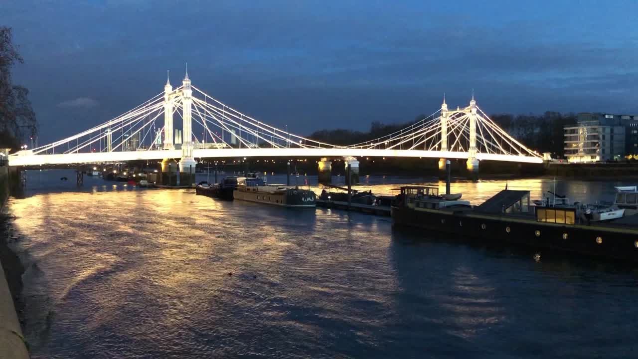 밤에 알버트 다리 템스 강 런던