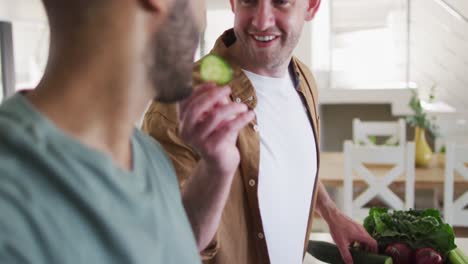 Multi-ethnic-gay-male-couple-preparing-food-in-kitchen