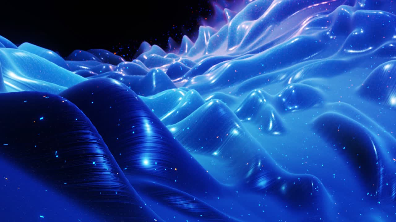 fantastical festive blue bg. Stylish abstract looped background, waves move on glossy surface like landscape made of liquid blue wax with sparkles. Beautiful soft background with smooth animation 4k