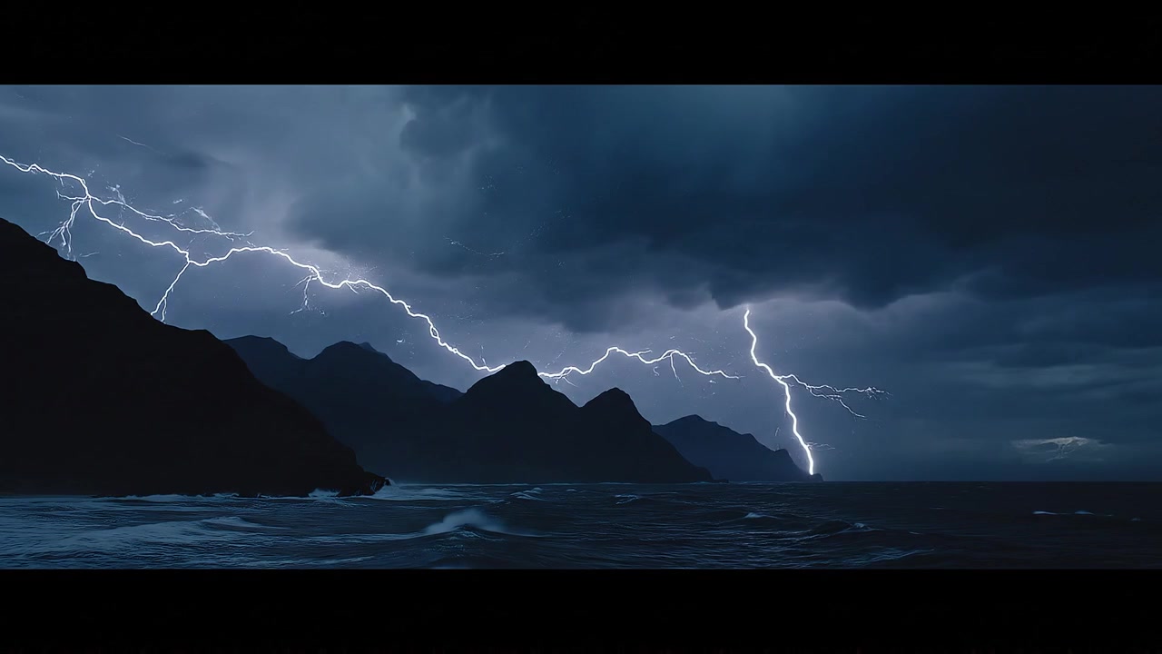 Dramatic lightning bolt striking over dark stormy ocean and cliffs
