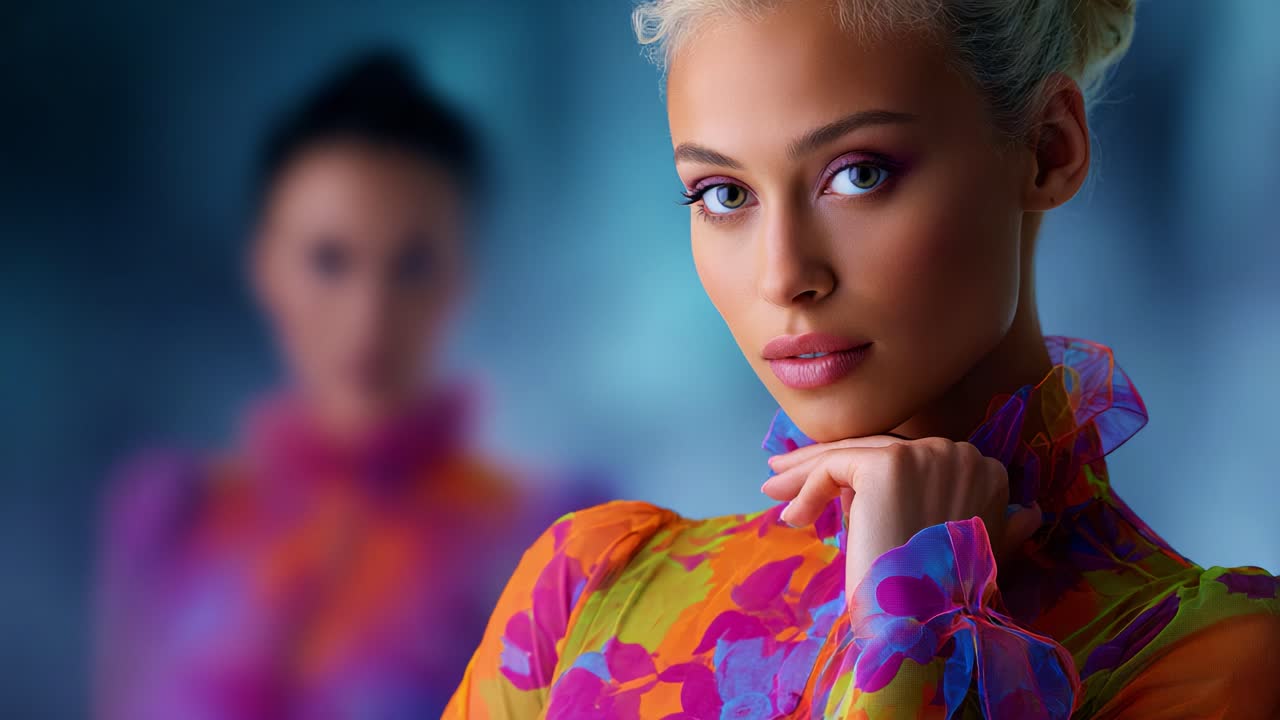 Un ritratto suggestivo di una donna in un vivace abito floreale, che mette in mostra eleganza e stile, con uno sfondo sfocato che esalta la bellezza del soggetto principale
