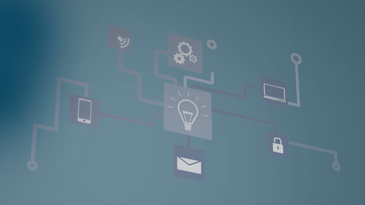 Animation of network of digital icons against blue blurred background