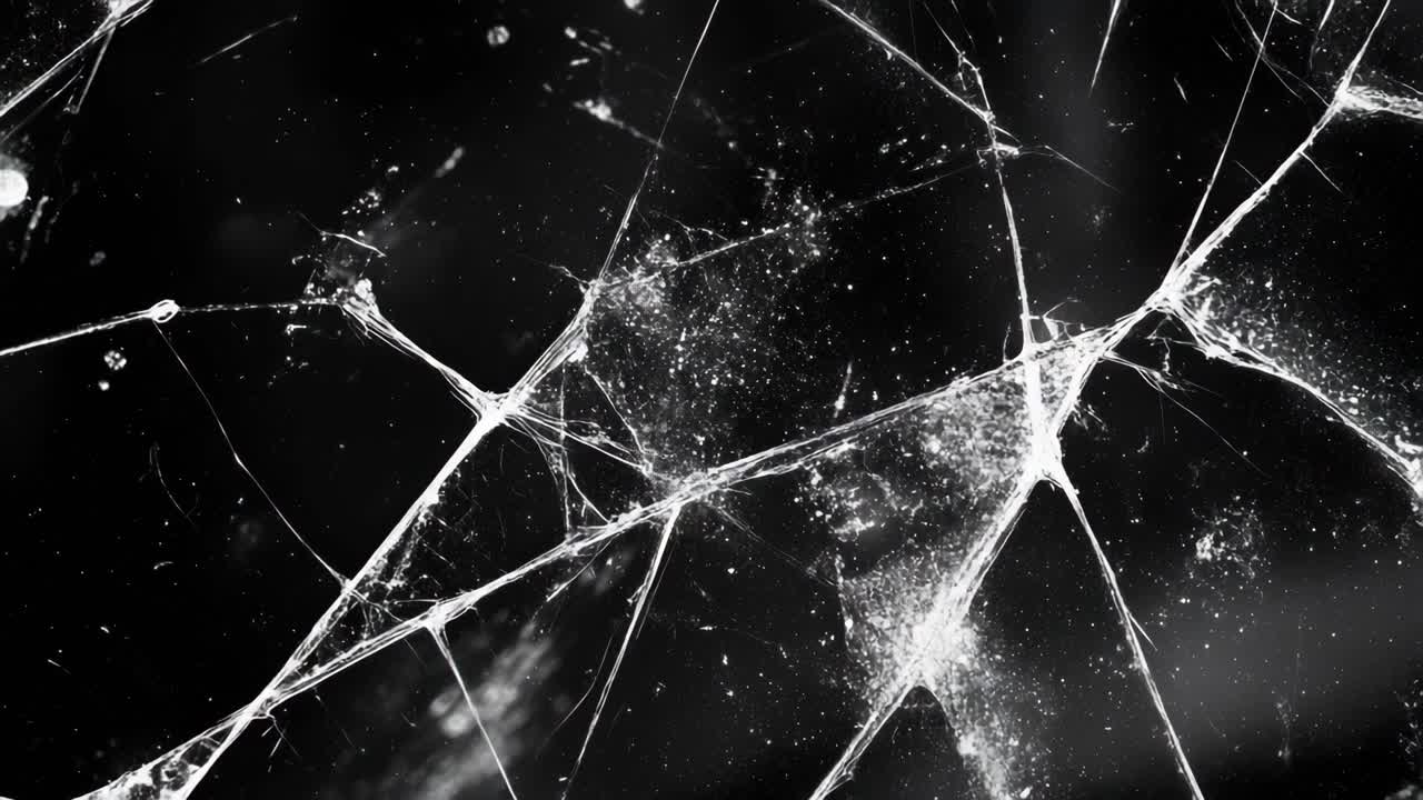Close-up shot of cracked glass in black and white, creating an abstract, textured pattern