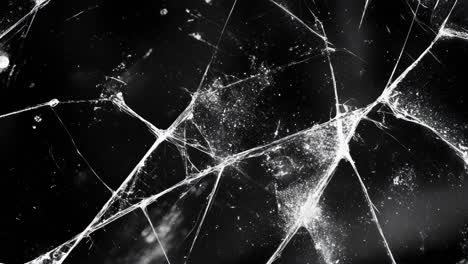 close-up shot of cracked glass in black and white, creating an abstract, textured pattern