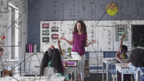 animation of mathematical equations over biracial female teacher with diverse schoolchildren