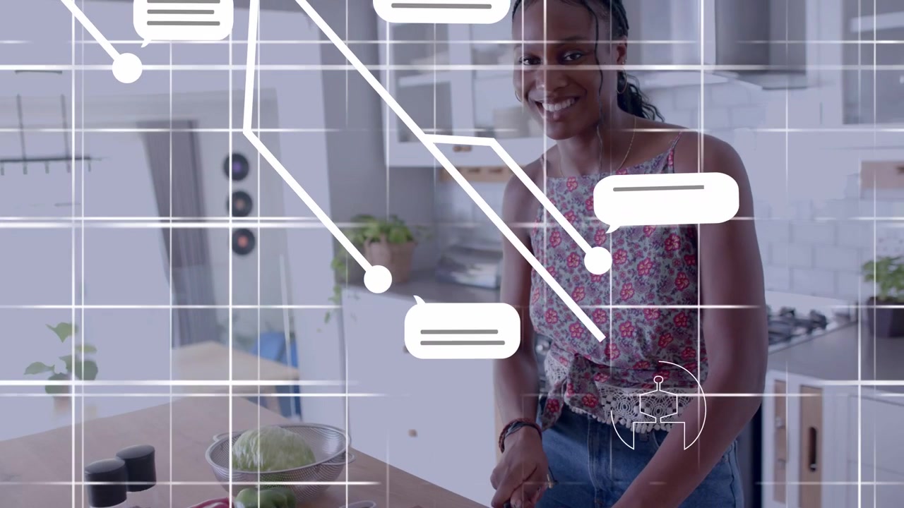 Woman cutting veg cooking, causing grid joining food to body, cam zooming out, settling into AIicon