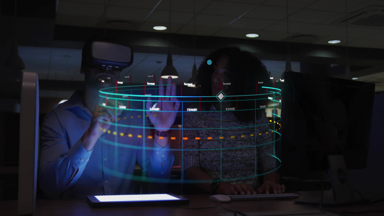 vr 헤드을 사용하는 백인 사업가에 대한 금융 데이터 처리의 애니메이션