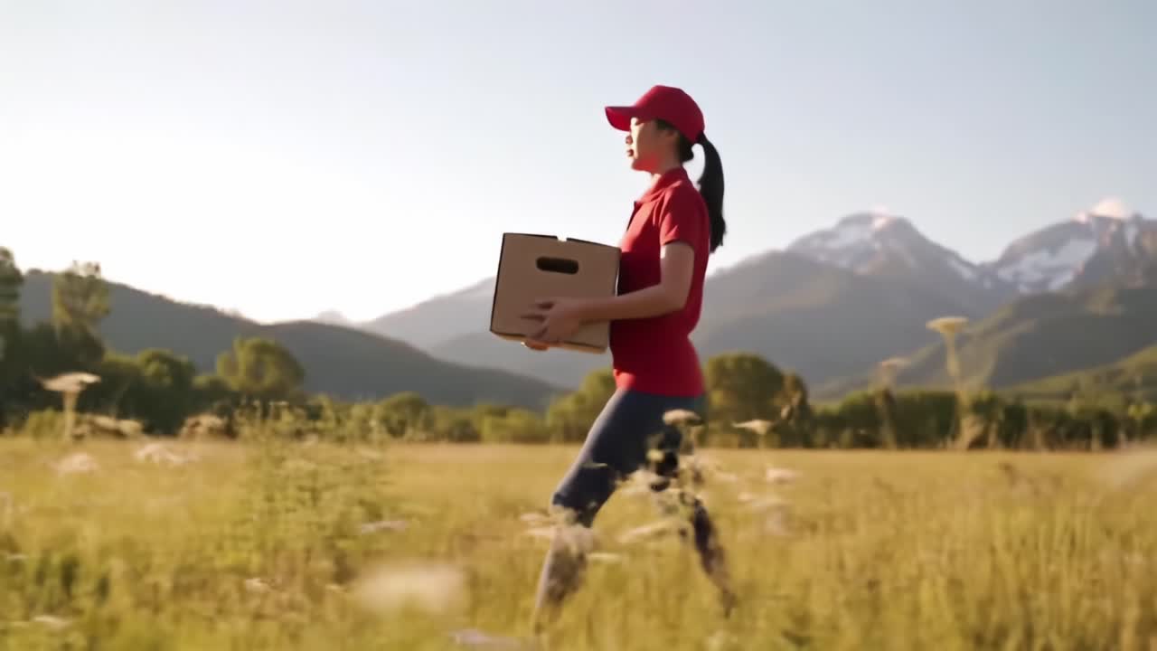Un corriere dedicato che cammina attraverso un paesaggio scenografico, portando una scatola e mostrando determinazione sullo sfondo di montagne e campi aperti.